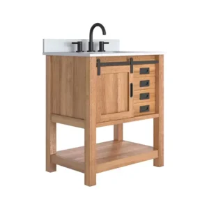 3D modeling service showcasing a rustic wooden bathroom vanity with black metal hardware and white countertop.