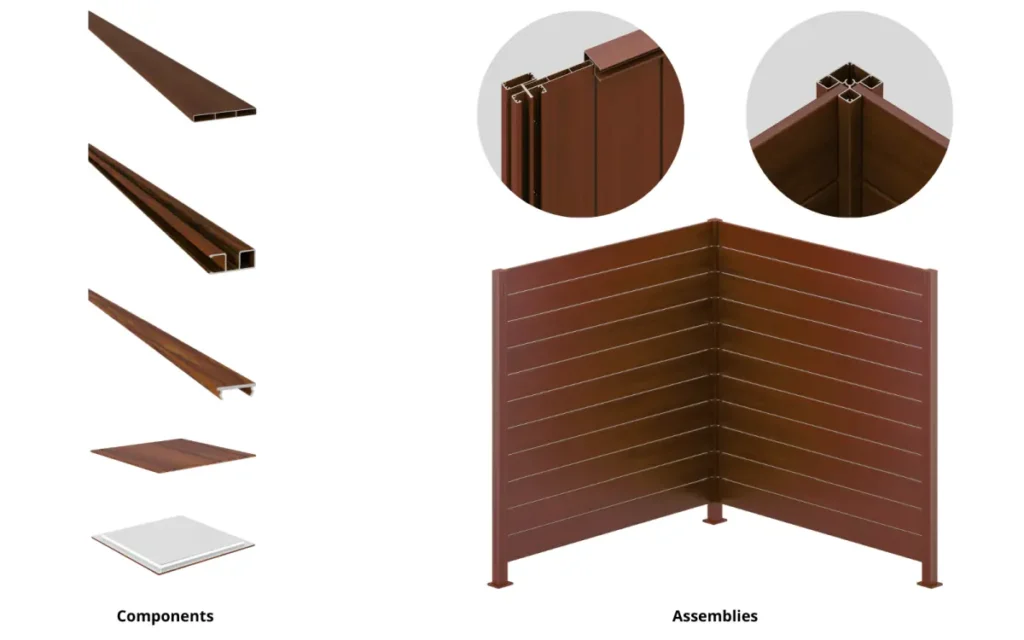 A 3D rendering of fence corner assembly, highlighting wood-look panels.