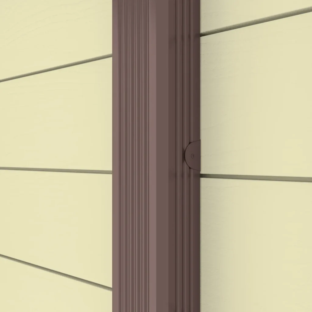 A 3D rendering of fence corner assembly, highlighting wood-look panels.