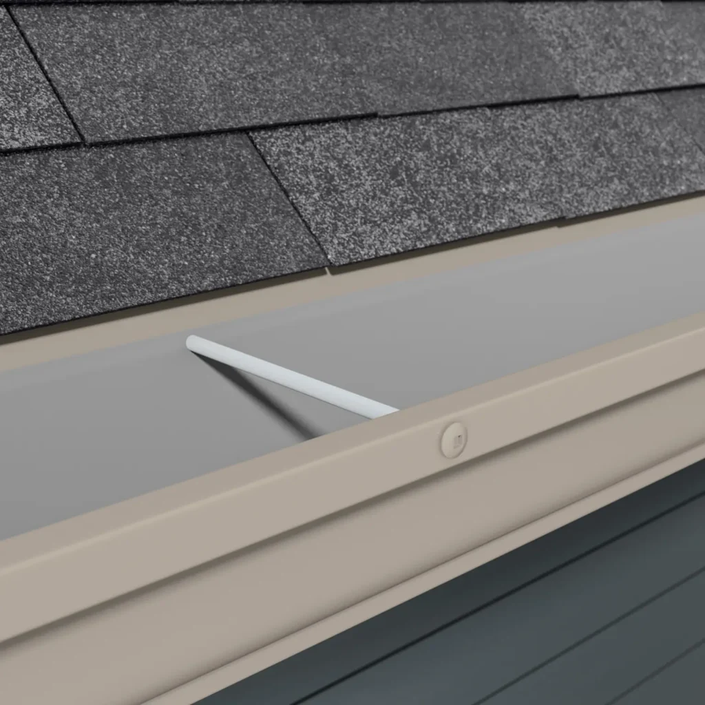 A 3D rendering of gutter system on roof 1, highlighting key visual details.