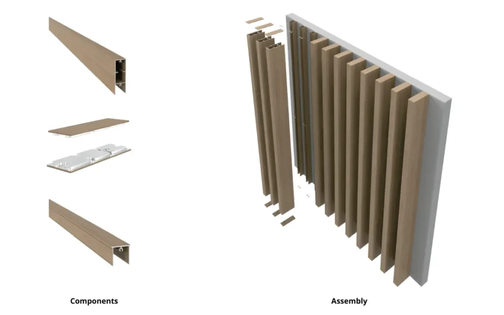 A 3D rendering of slat wall installation, highlighting wooden panels.