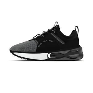 A 3D asset creation of a black sneaker with a cushioned sole and textured upper, designed for the footwear industry.