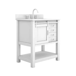 A 3D product modeling bathroom vanity with drawers and a sliding door, designed for home decor.