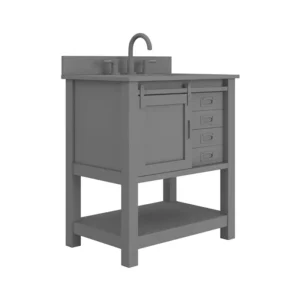 A 3D product modeling bathroom vanity in gray, featuring drawers and a sliding door for home decor.