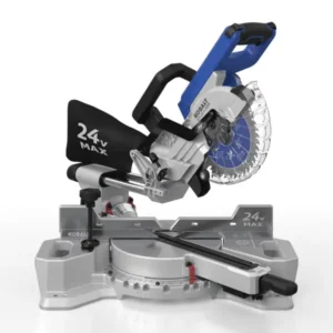 3D product modeling service showcasing a modern miter saw with silver base and blue handle.