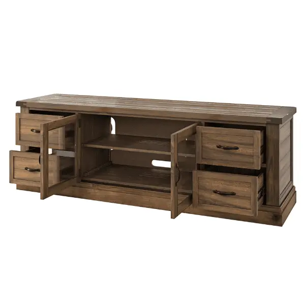 3D product modeling service showcasing a rustic wooden TV stand with open shelves and drawers.