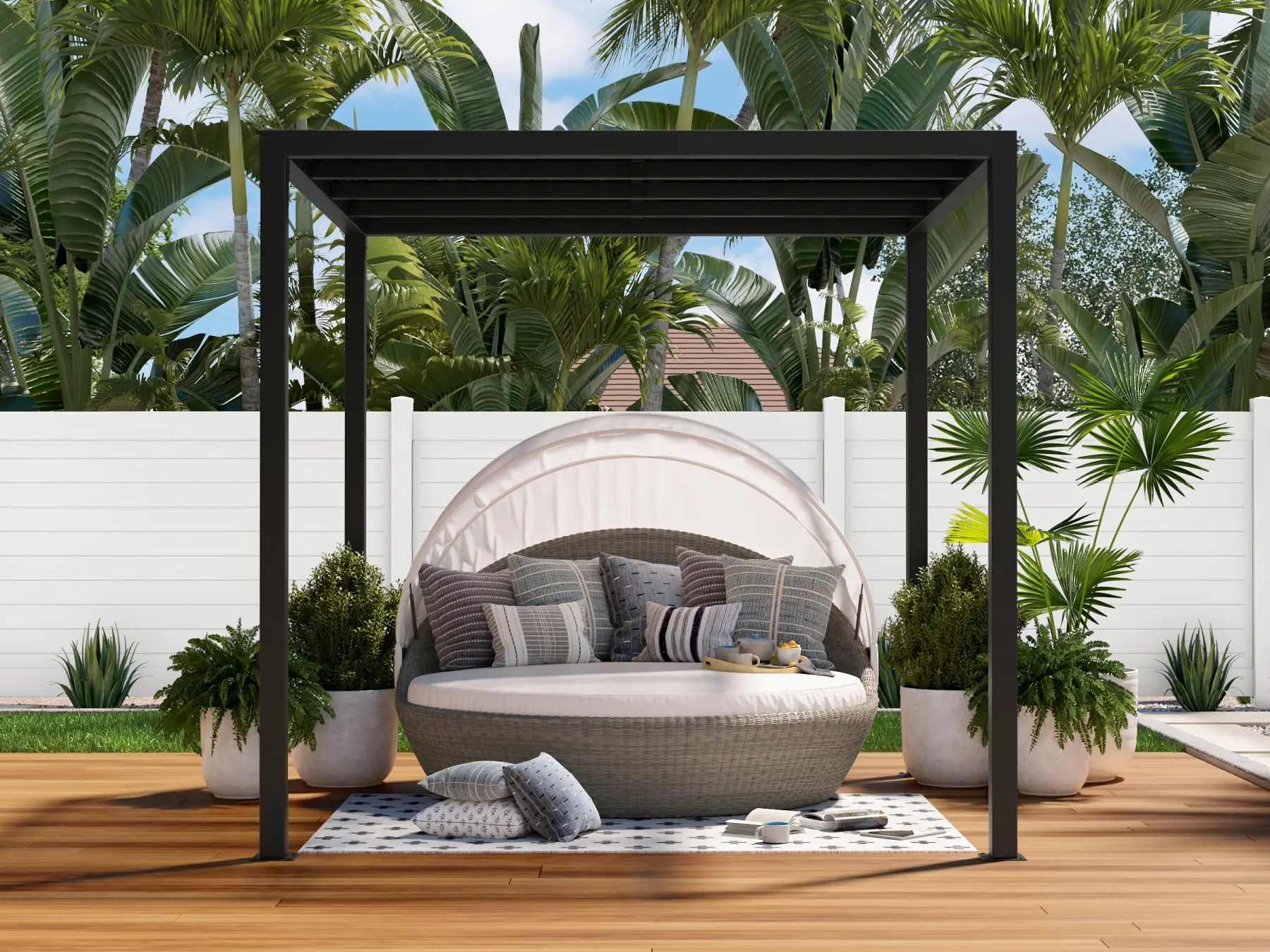 3D product rendering service showcasing outdoor seating with plants