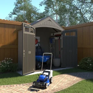 A garden storage shed with a lawn mower rendered in 3D by professional 3d product rendering services.