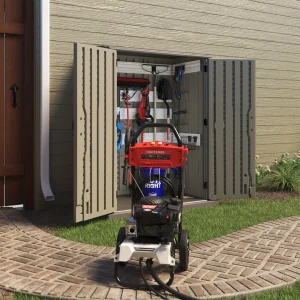 A pressure washer with a storage unit rendered in 3D by professional 3d product rendering services.