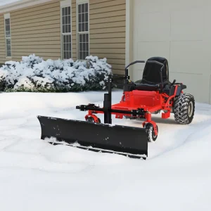 A snow blower in a snowy driveway rendered in 3D by professional 3d product rendering services.