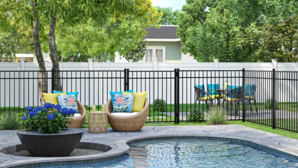 Outdoor pool CGI product rendering with luxury landscaping.