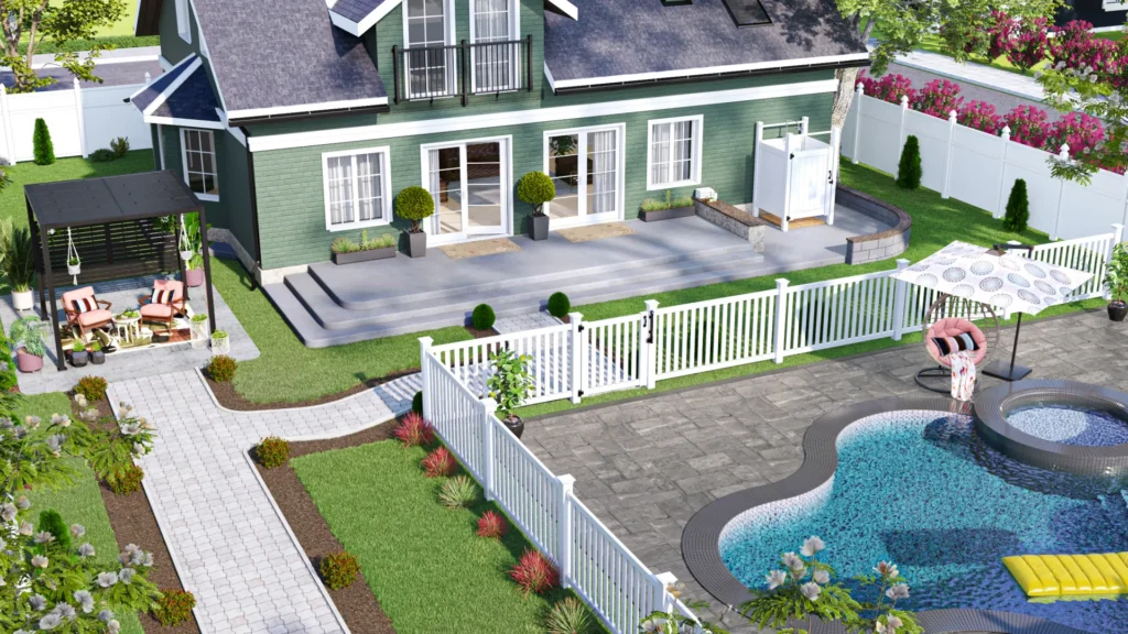 Backyard pool visualized through CGI landscaping design.