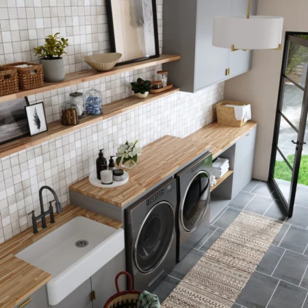 Rendering of a modern laundry room with wood finishes.