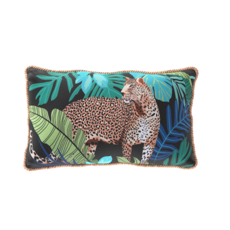 Leopard print pillow showcased in artistic 3D rendering.