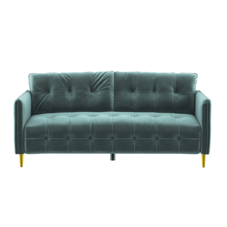 Teal sofa displayed in artistic 3D rendering for living room.