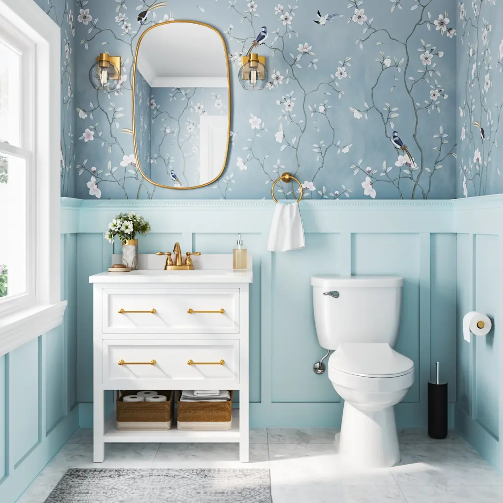 3D bathroom rendering of a stylish bathroom with light blue wainscoting, floral wallpaper, and a gold-accented vanity.