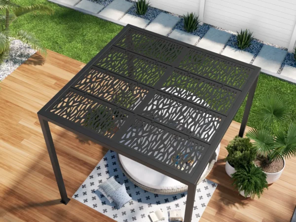 3D building material rendering of patio view with seating and fence.