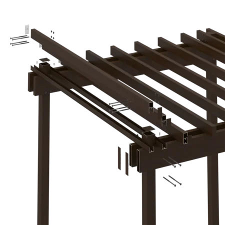 A 3D rendering of exploded pergola structure, highlighting key assembly details.