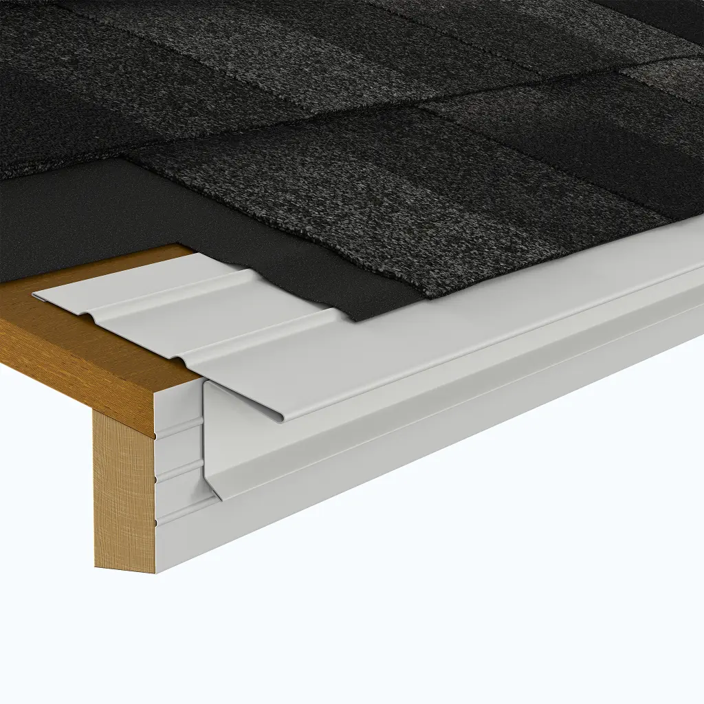 3D product rendering of a roof edge cross-section, highlighting asphalt shingles, underlayment, and a metal drip edge.