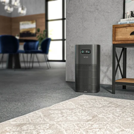 A 3D rendering of a smart air purifier in consumer electronics.