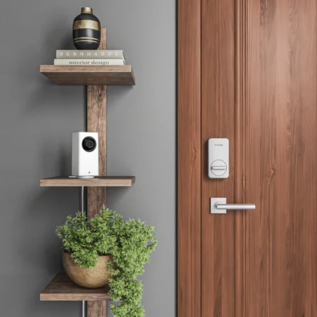 A 3D rendering of a modern smart door lock in consumer electronics.