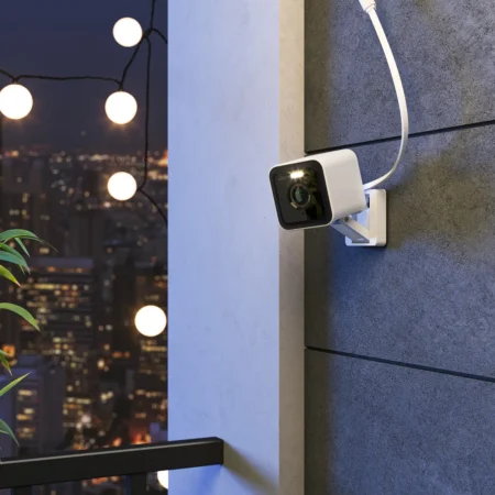 A 3D rendering of an outdoor security camera in consumer electronics.