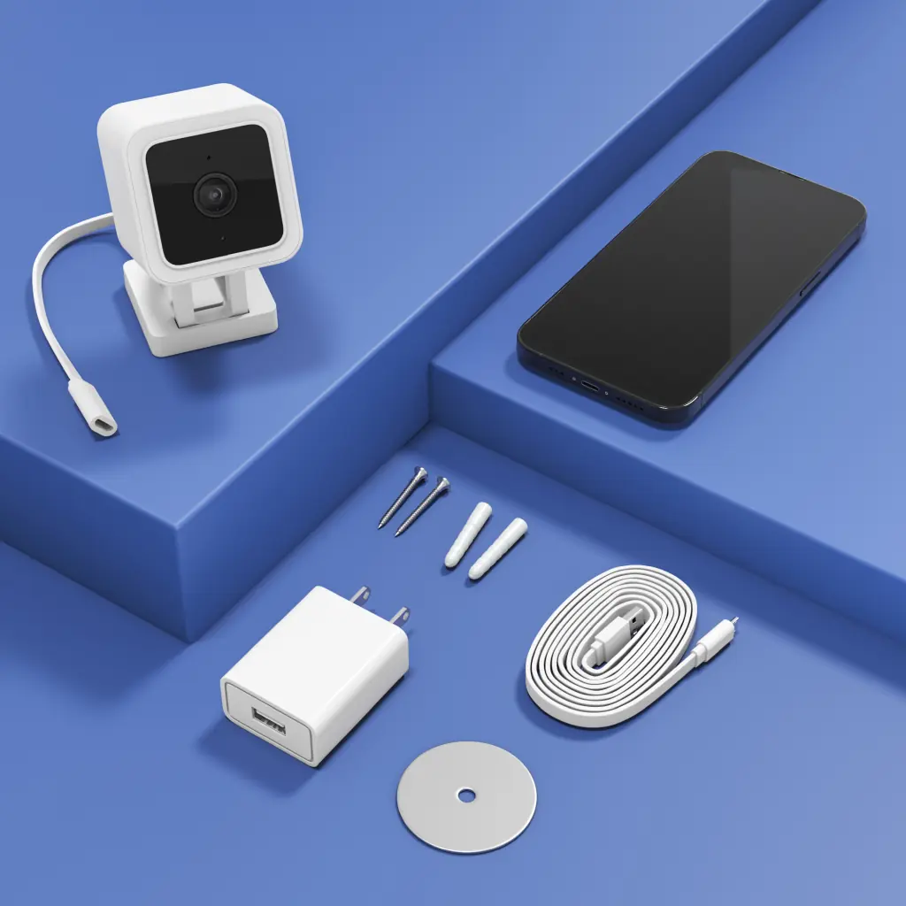 A+ content render of a security camera kit with all components laid out on a blue surface for product marketing.