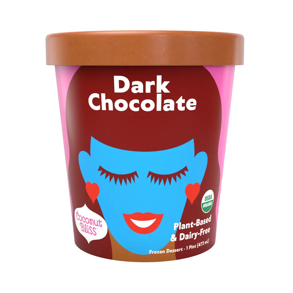 3D product rendering of a dark chocolate ice cream container with vibrant, playful packaging design.