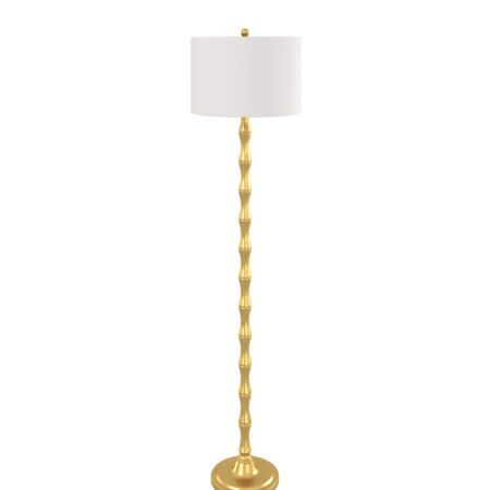 Gold floor lamp featured in creative 3D rendering.