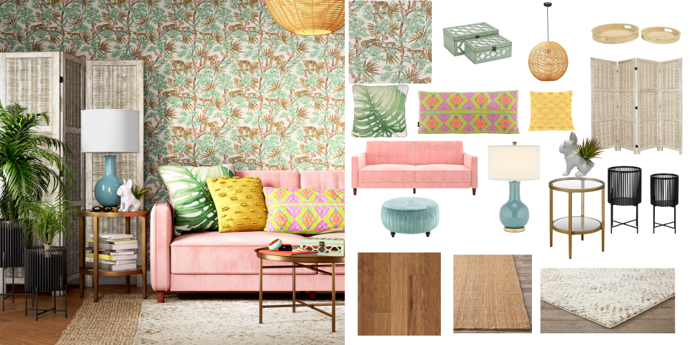 Mood board showcasing home decor ideas in creative 3D rendering.