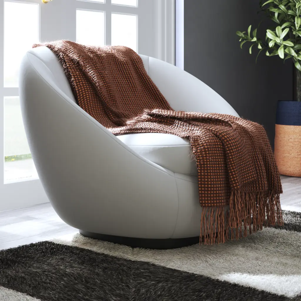 3D lifestyle render of a modern white egg chair with a brown throw blanket in a sunlit living room.