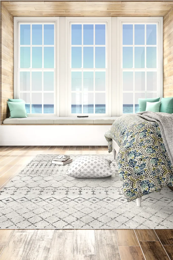 Geometric patterned rug displayed in a stylish living room through 3D rendering.