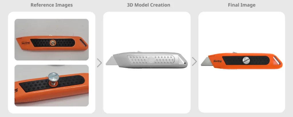 A hardware tools 3D rendering of 3D model creation from reference images used in the hardware industry.