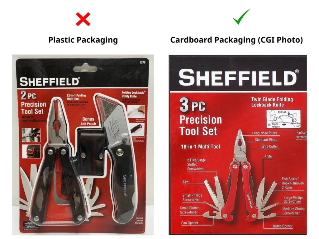 A hardware tools 3D rendering of cardboard packaging for Sheffield tools using CGI in the hardware industry.