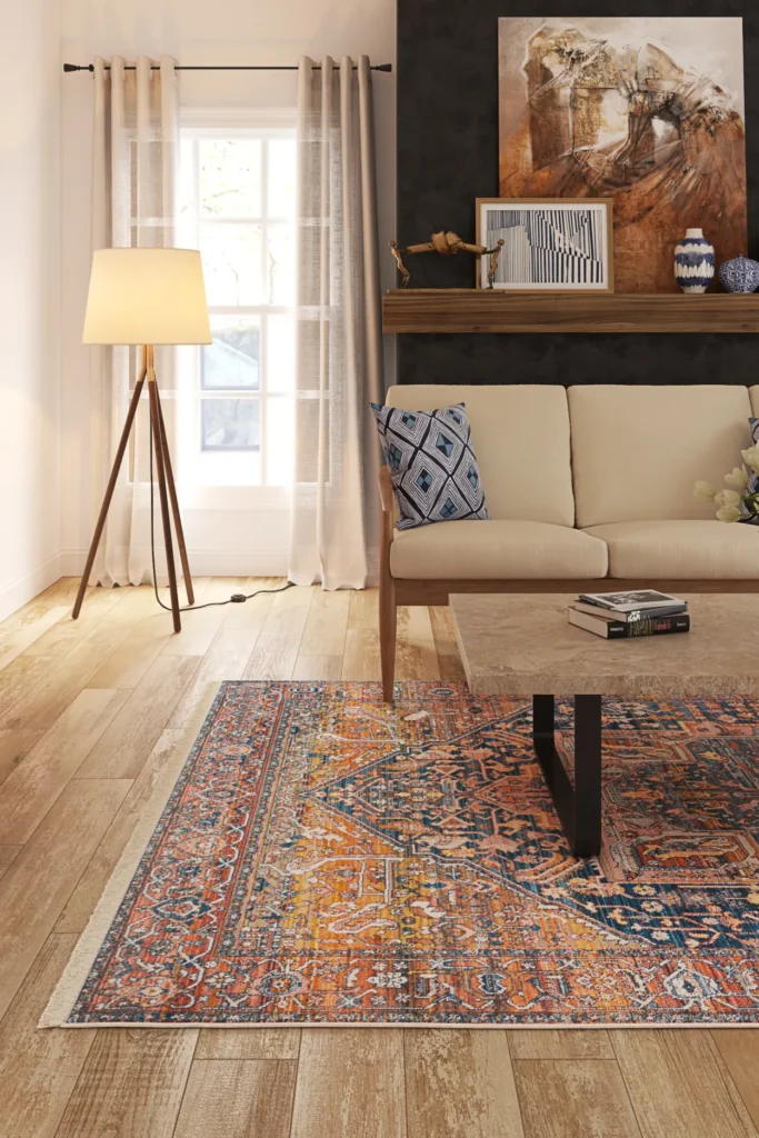 Intricate pattern rug displayed in a modern home decor setup using 3D rendering.