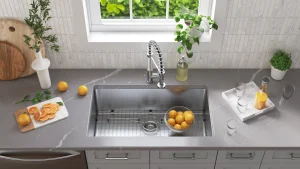 Kitchen 3d rendering stainless steel sink with a modern faucet