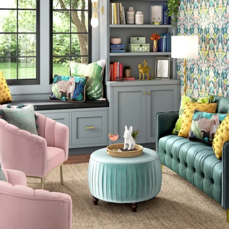 Living room design render emphasizing bold colors for home furnishing.