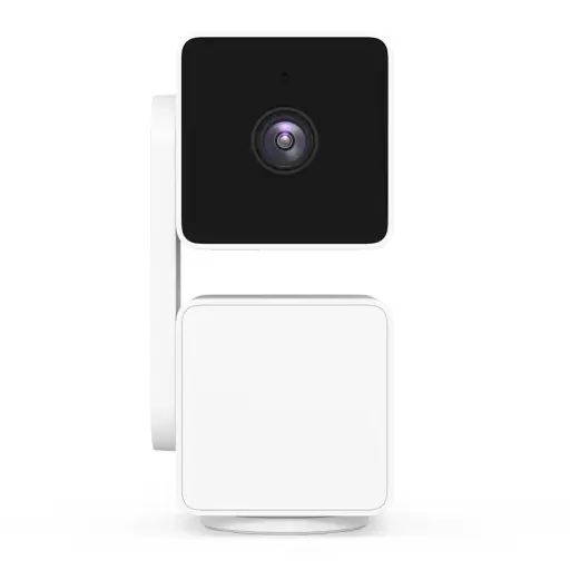 3D white background render featuring a front view of a sleek, compact security camera.