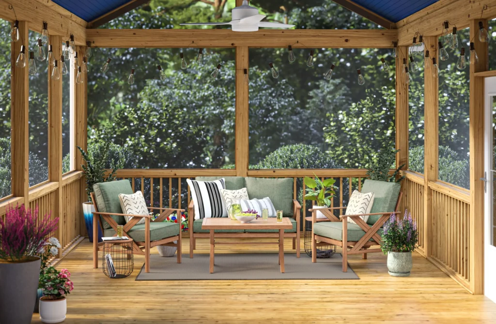 patio furniture 3D rendering of a screened-in patio with wooden furniture and green cushions.