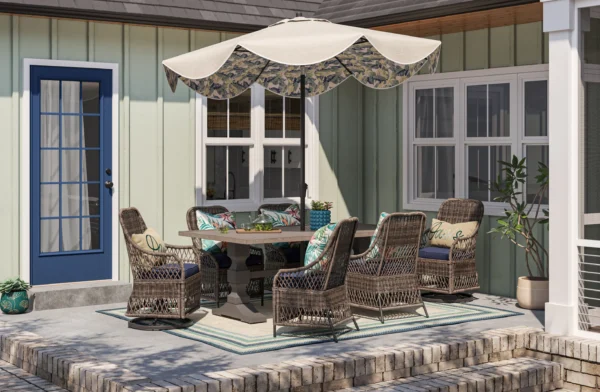 patio render 3D with an umbrella and cozy lounge chairs.