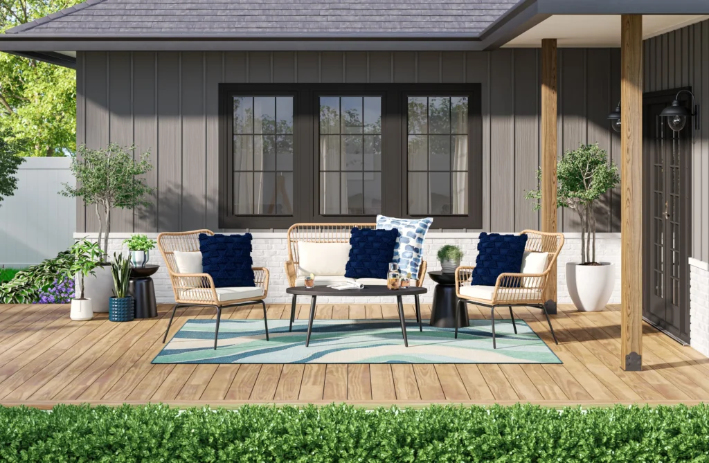 patio render 3D of a modern patio setup with stylish outdoor furniture.