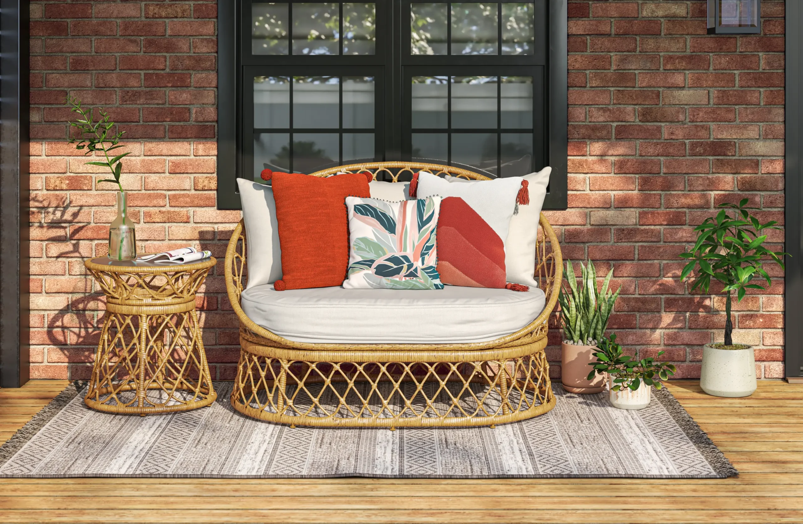 patio render 3D of a rattan lounge setup with colorful pillows.