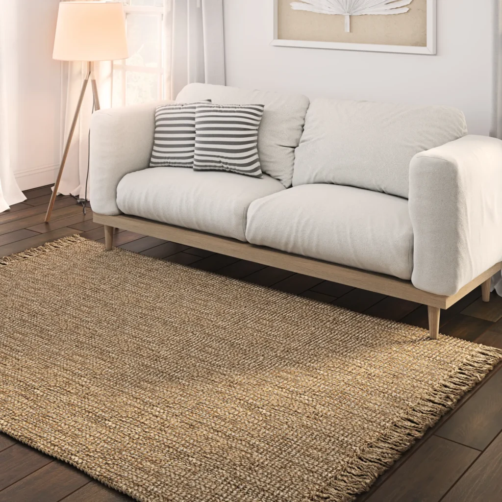 Patterned rug showcased in a living room decor setting with a 3D rendered view.