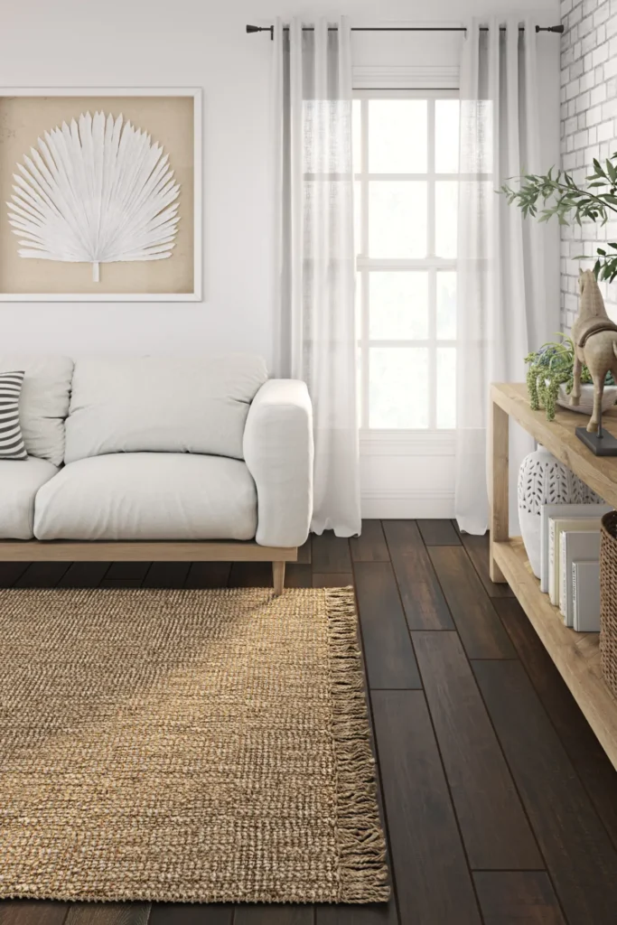 Plush rug displayed in a modern living space setup with 3D rendering.