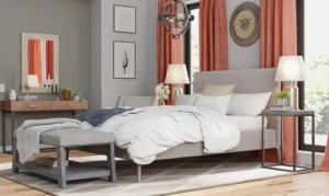 A product lifestyle shot of a modern bedroom with a cushioned bed, orange curtains, and matching lamps, designed for the home furnishing industry.