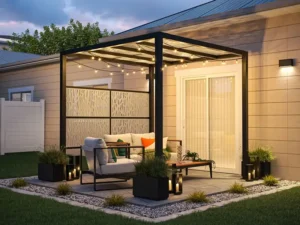A product lifestyle shot of outdoor patio furniture under a pergola with string lights, designed for the home and garden industry.