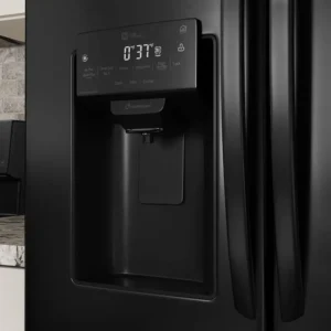 A product lifestyle shot of a smart refrigerator with a digital display and water/ice dispenser, designed for the home appliance industry.