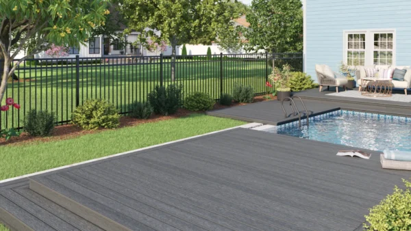 Product rendering for building material services showing black fence.