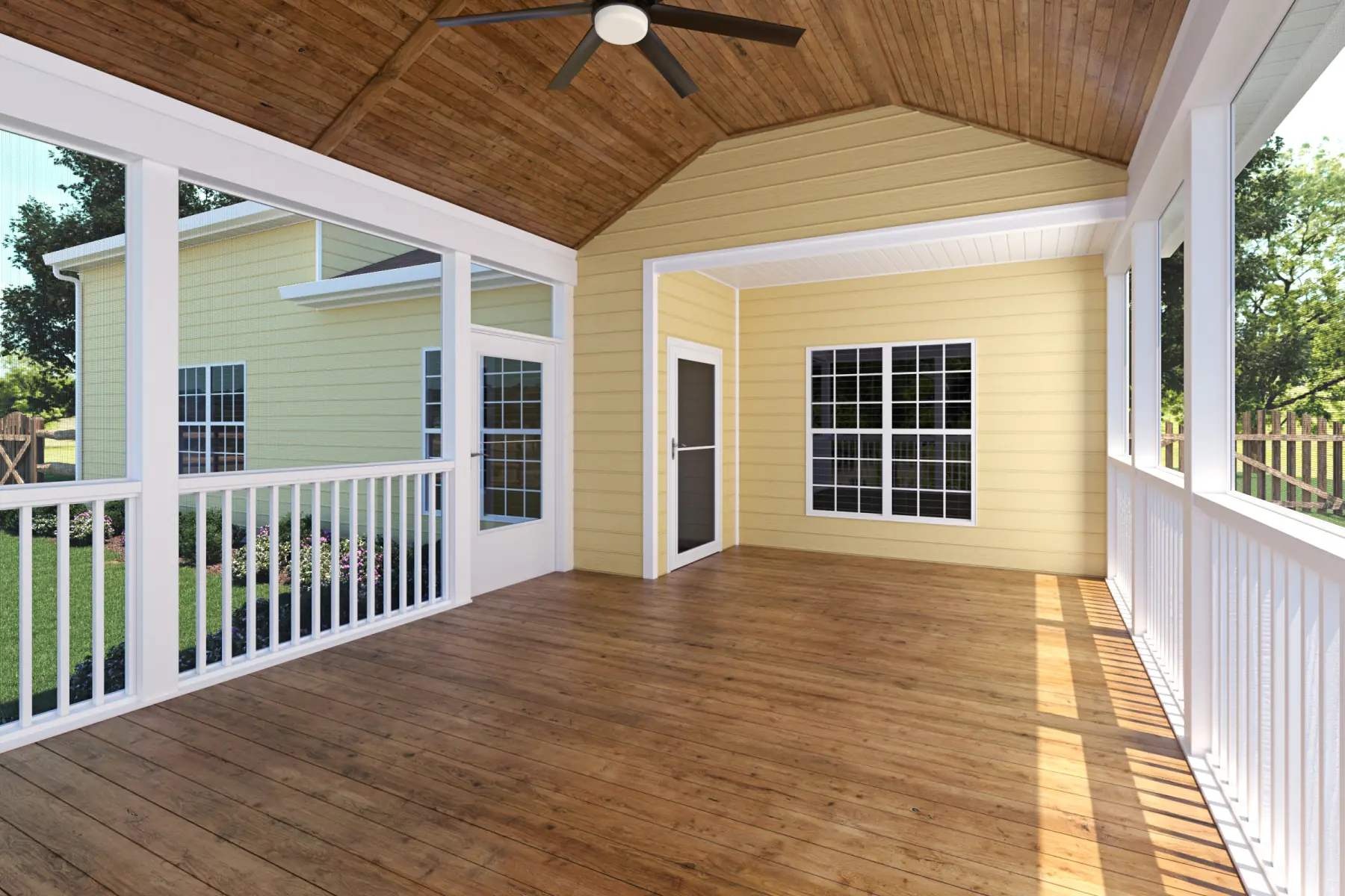 A beautifully rendered covered back porch using product rendering service, complete with wooden decking, spacious design, and natural light infusion.