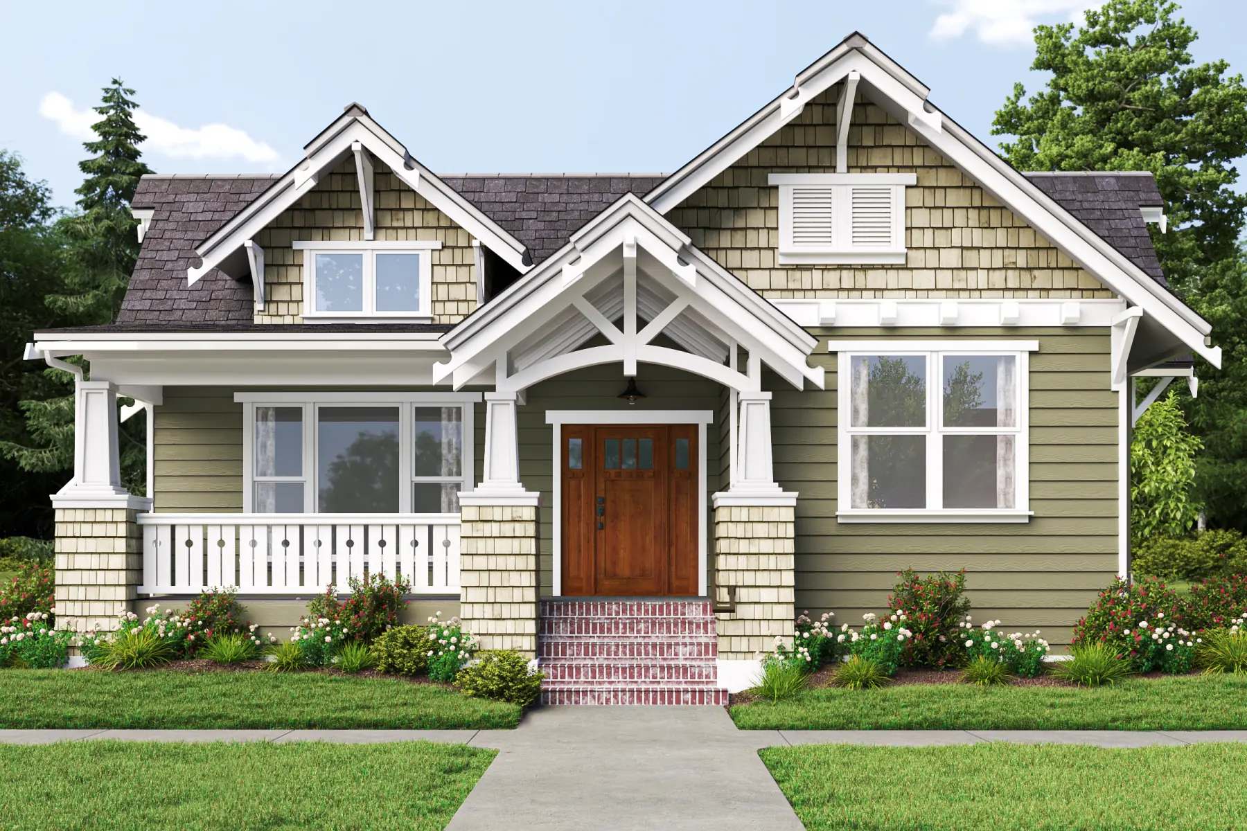 A craftsman-style home exterior crafted with product rendering service, highlighting intricate wooden details, classic architecture, and a lush garden.